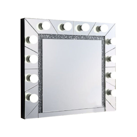 Zaff 32 Inch Lighted Wall Mirror, 12 Bulb Sockets, Faux Diamond Trim,Silver By Casagear Home