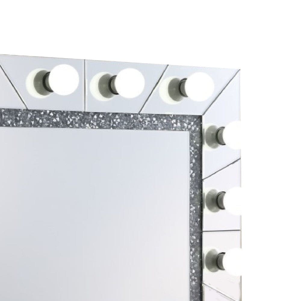 Zaff 32 Inch Lighted Wall Mirror 12 Bulb Sockets Faux Diamond Trim,Silver By Casagear Home BM274651