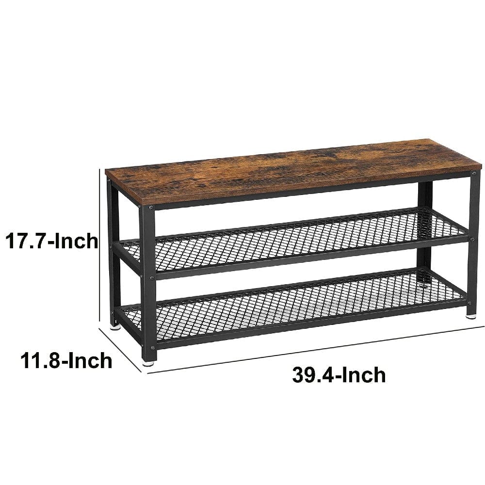 Grace 39 Inch Wood Shoe Bench and Rack 2 Mesh Design Metal Shelves Brown By Casagear Home BM274775