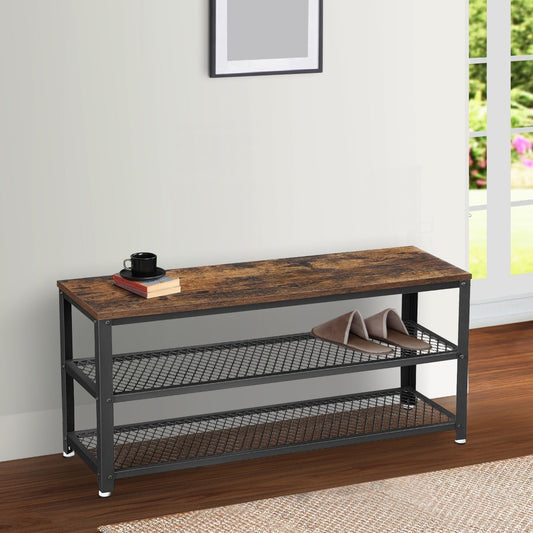 Grace 39 Inch Wood Shoe Bench and Rack, 2 Mesh Design Metal Shelves, Brown By Casagear Home