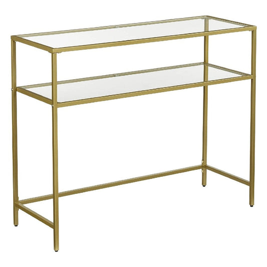 Kin 39 Inch Sofa Console Table, Metal Frame, Tempered Glass Shelves, Gold By Casagear Home