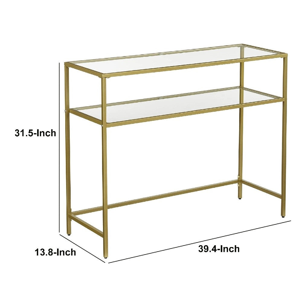 Kin 39 Inch Sofa Console Table Metal Frame Tempered Glass Shelves Gold By Casagear Home BM274786
