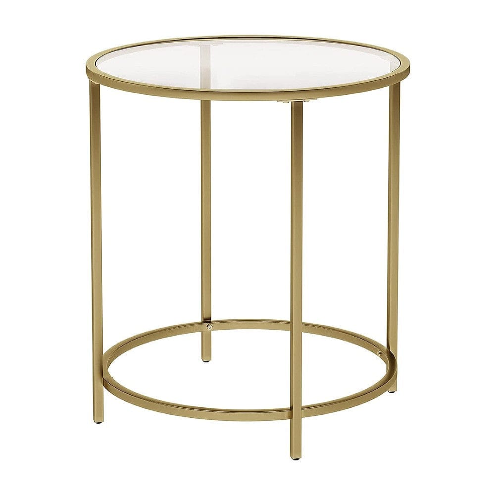 Kin 22 Inch End Table, Round Metal Frame, Tempered Glass Shelf, Gold By Casagear Home