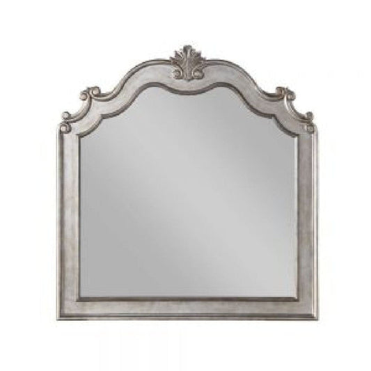 43 Inch Wood Mirror, Scalloped Crown Top, Poly Resin, Silver By Casagear Home