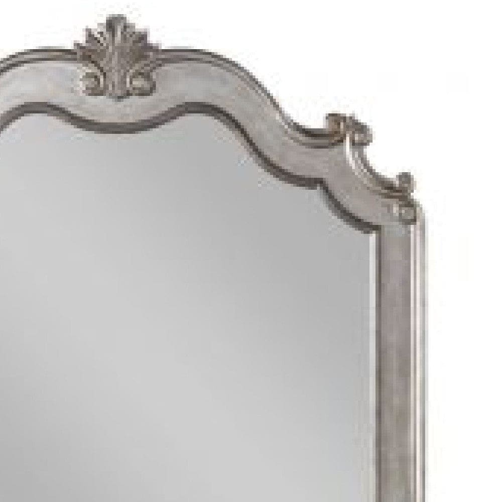 43 Inch Wood Mirror Scalloped Crown Top Poly Resin Silver By Casagear Home BM275065
