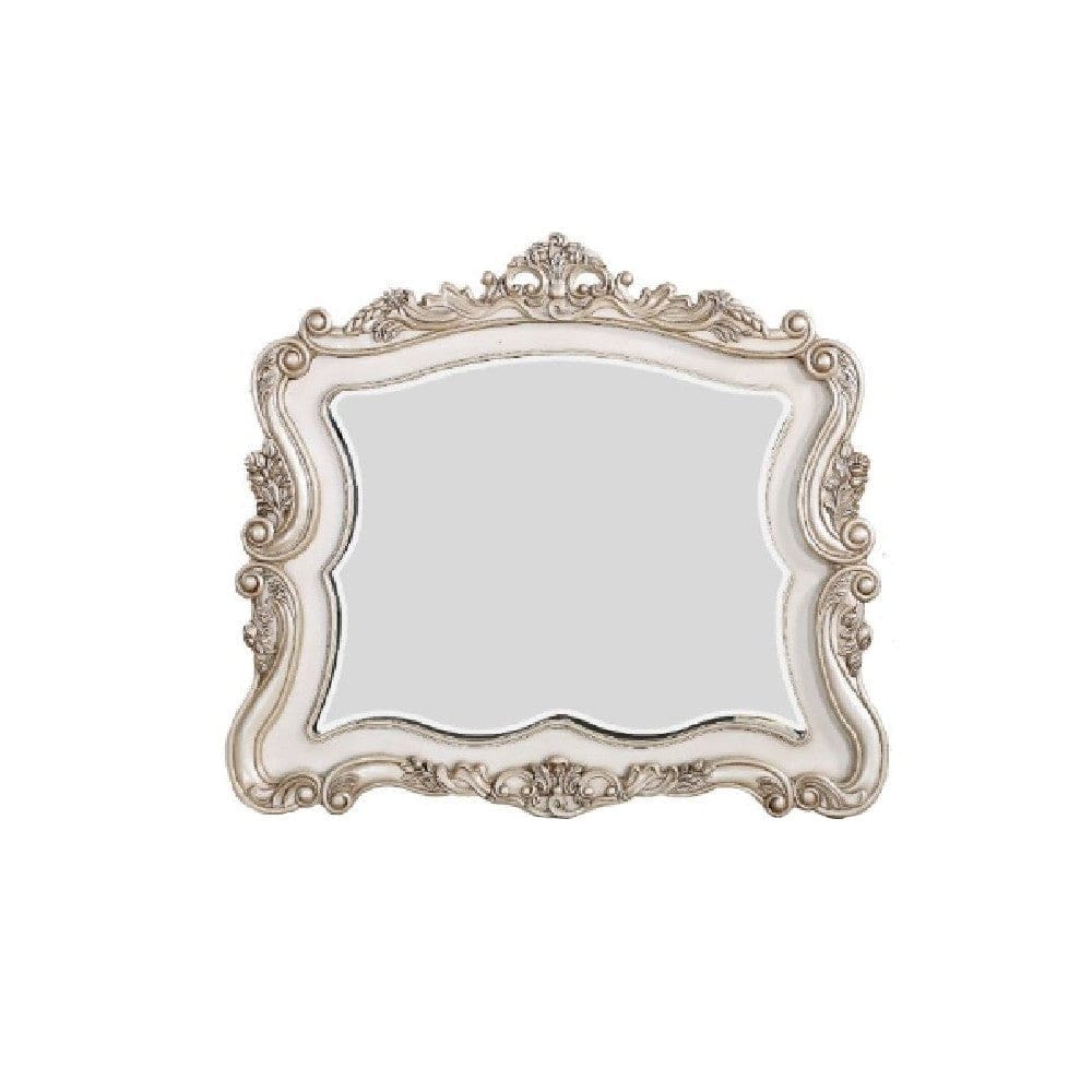 Solid Wood Mirror | 50" | Scalloped | Ornate Trim | Antique White