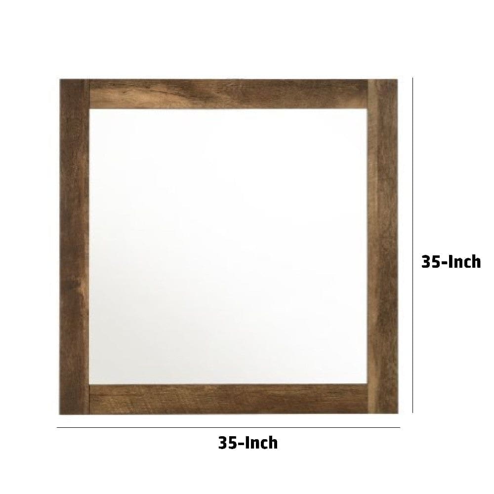 35 Inch Solid Wood Mirror Square Rustic Oak Brown By Casagear Home BM275078