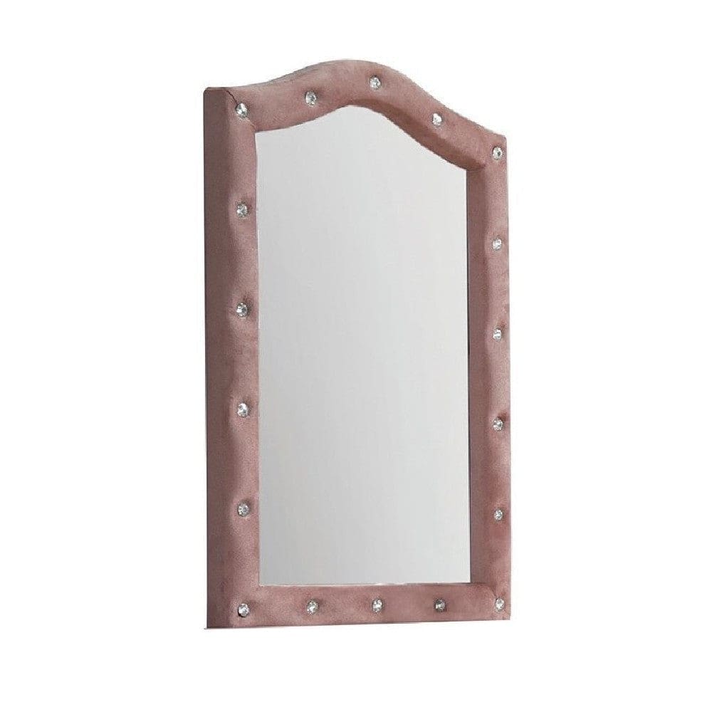 22 Inch Contemporary Upholstered Mirror, Crystal Tufting, Arched Top, Pink By Casagear Home
