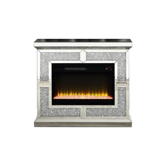 Noe 41 Inch Mirrored LED Electric Fireplace, Remote, Faux Diamond, Silver By Casagear Home