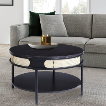 Bert Coffee Table | 32" Round | Rattan Accent | Black