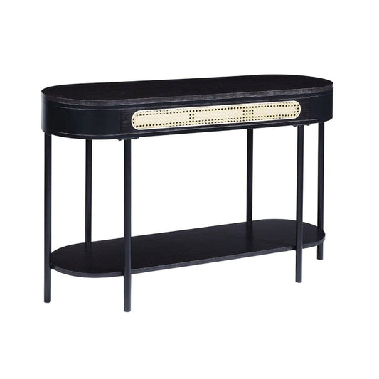 Bert 47 Inch Oblong Console Table, Rattan Apron Accent, Metal Legs, Black By Casagear Home