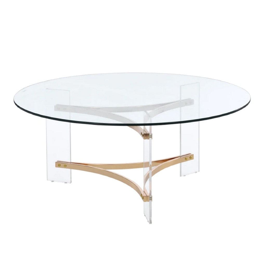 Hale 41 Inch Round Coffee Table, Glass Top, Acrylic Legs, Clear, Gold By Casagear Home
