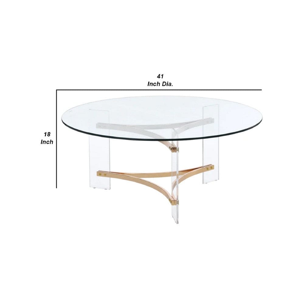 Hale 41 Inch Round Coffee Table Glass Top Acrylic Legs Clear Gold By Casagear Home BM275491