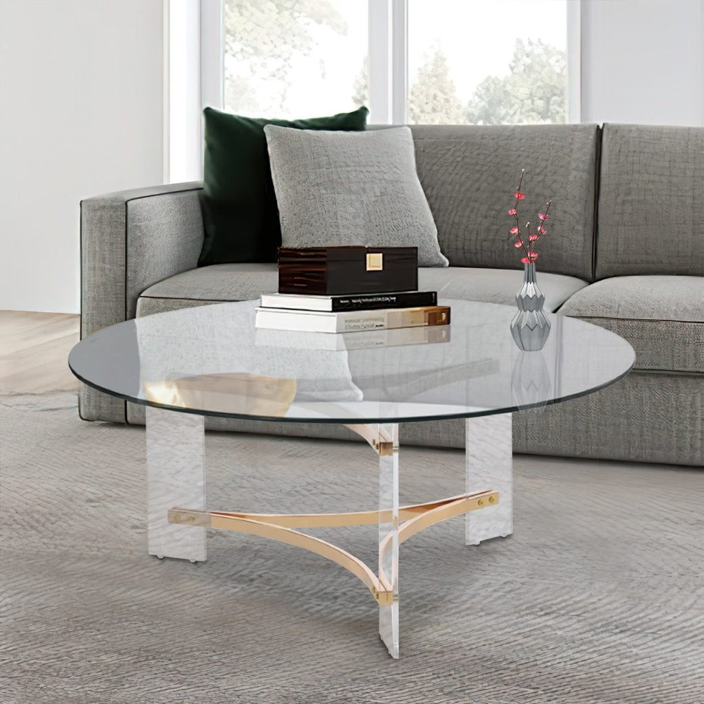 Hale Coffee Table | 41" Round | Glass Top | Clear & Gold