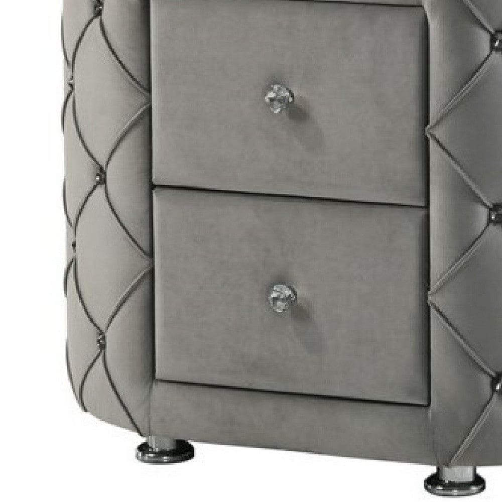 Jill 29 Inch Oval Nightstand Tufted Velvet Upholstery 2 Drawers Grey By Casagear Home BM275530