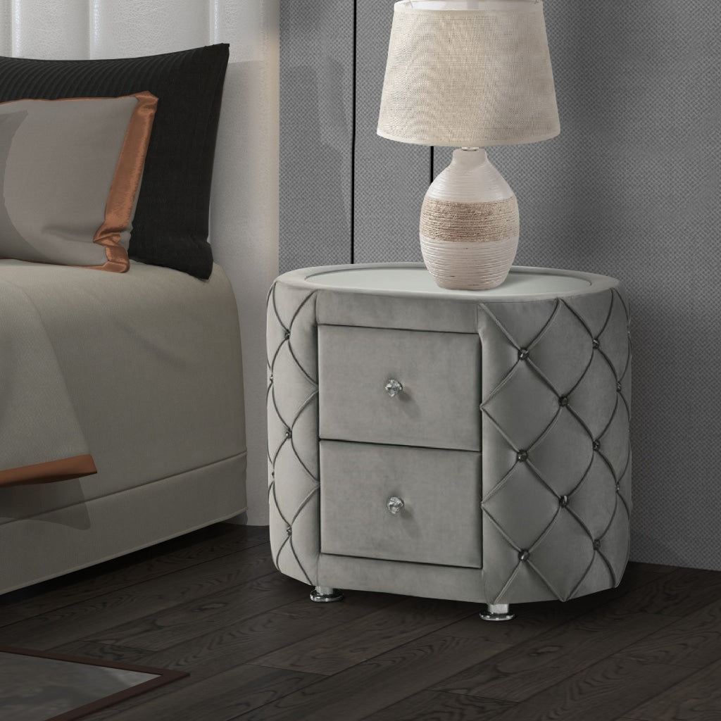 Jill 29 Inch Oval Nightstand Tufted Velvet Upholstery 2 Drawers Grey By Casagear Home BM275530