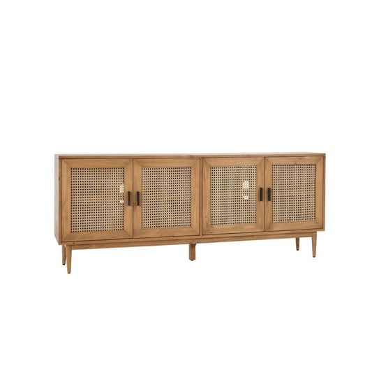 Evans 79 Inch Media Console TV Cabinet, Pinewood, 4 Doors, Natural Brown By Casagear Home