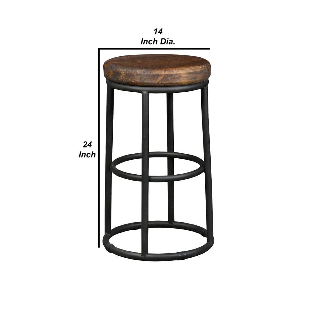 Ken 24 Inch Backless Round Counter Stool Pine Wood Seat Brown Black By Casagear Home BM275611
