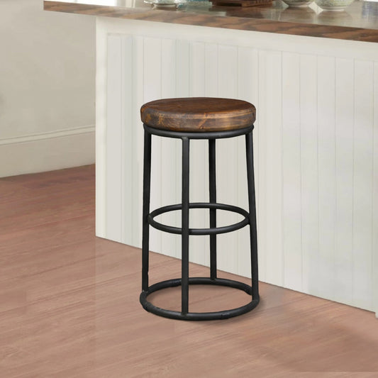 Ken 24 Inch Backless Round Counter Stool, Pine Wood Seat, Brown, Black By Casagear Home
