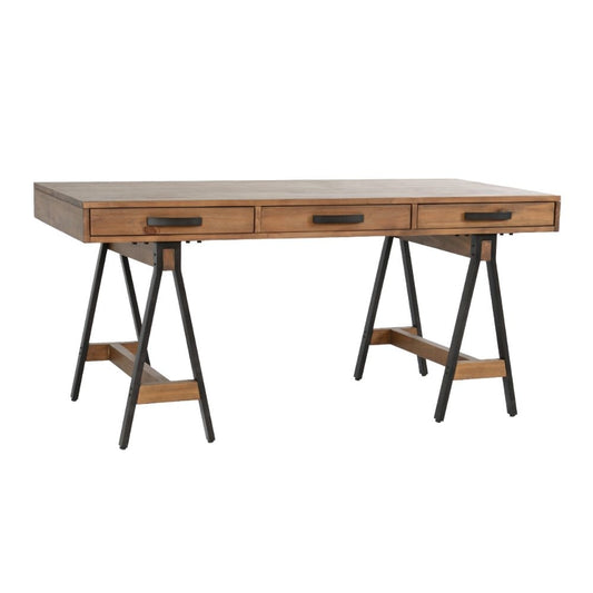 65 Inch Solid Wood Desk, Multipurpose, Sawhorse Metal Legs, Caramel By Casagear Home