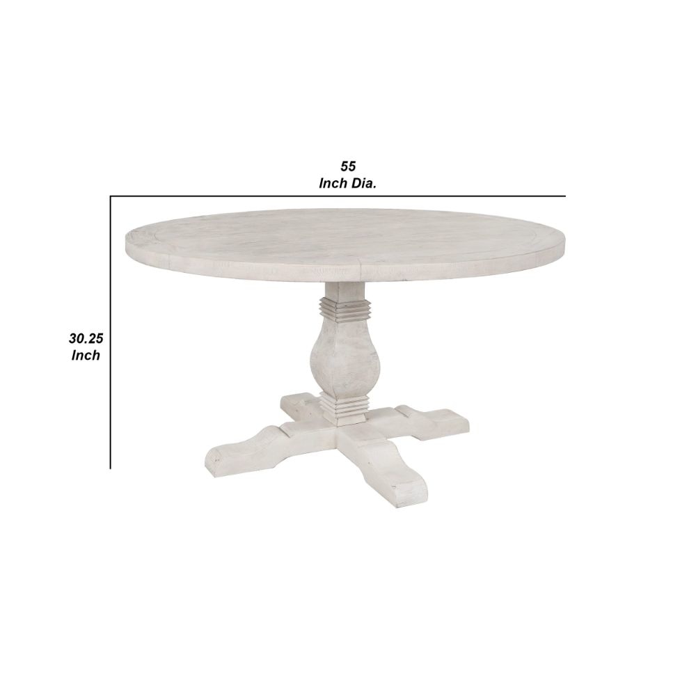 Kai 55 Inch Reclaimed Pine Round Dining Table Turned Pedestal Antique White By Casagear Home BM275644