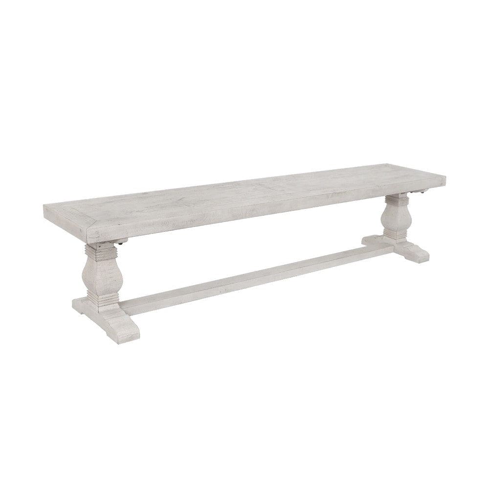 Kai 66 Inch Reclaimed Pine Dining Bench, Turned Pedestals, Antique White By Casagear Home