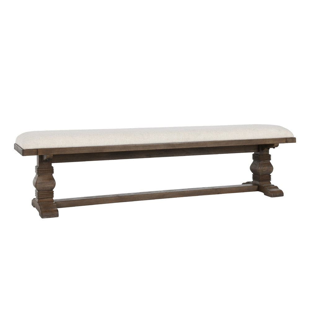 Kai 71 Inch Upholstered Dining Bench, Solid Wood, Turned Pedestals, Brown By Casagear Home