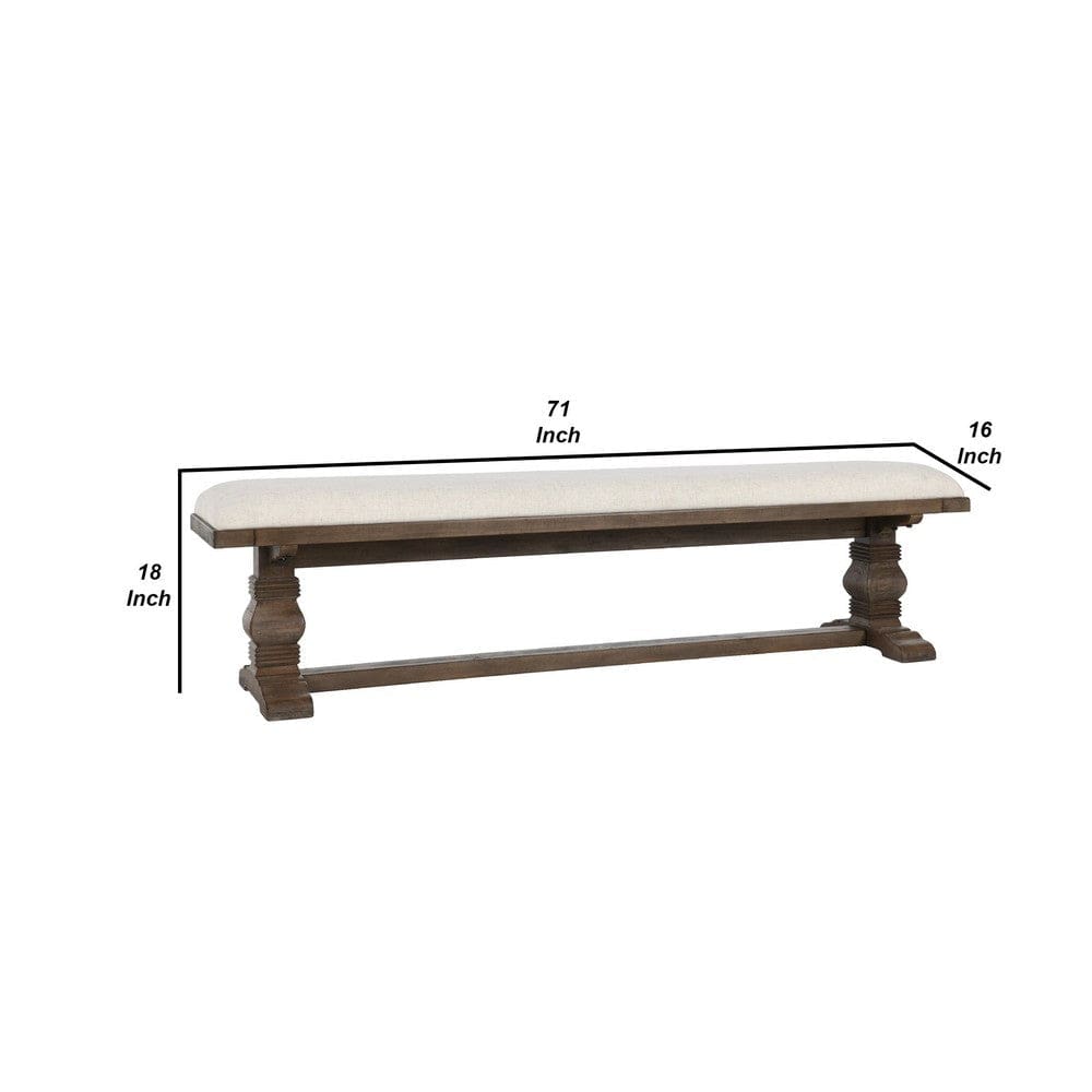 Kai 71 Inch Upholstered Dining Bench Solid Wood Turned Pedestals Brown By Casagear Home BM275646