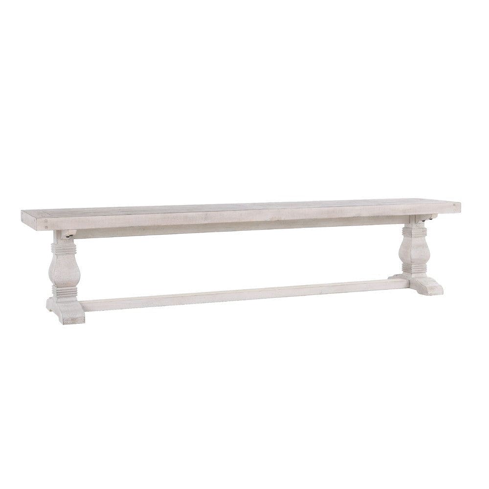 Kai 83 Inch Reclaimed Pine Dining Bench, Turned Pedestals, Antique White By Casagear Home