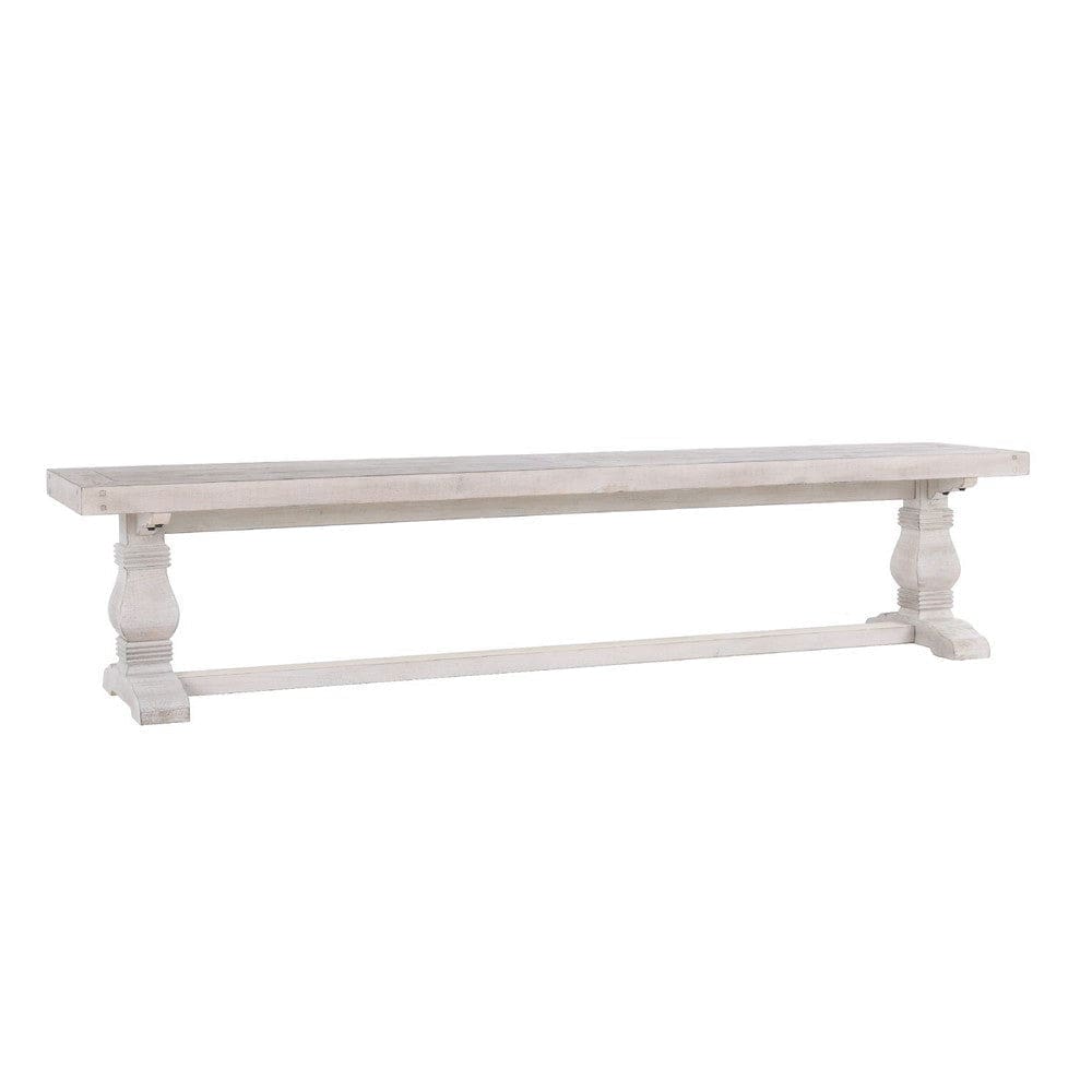 Kai 83 Inch Reclaimed Pine Dining Bench, Turned Pedestals, Antique White By Casagear Home