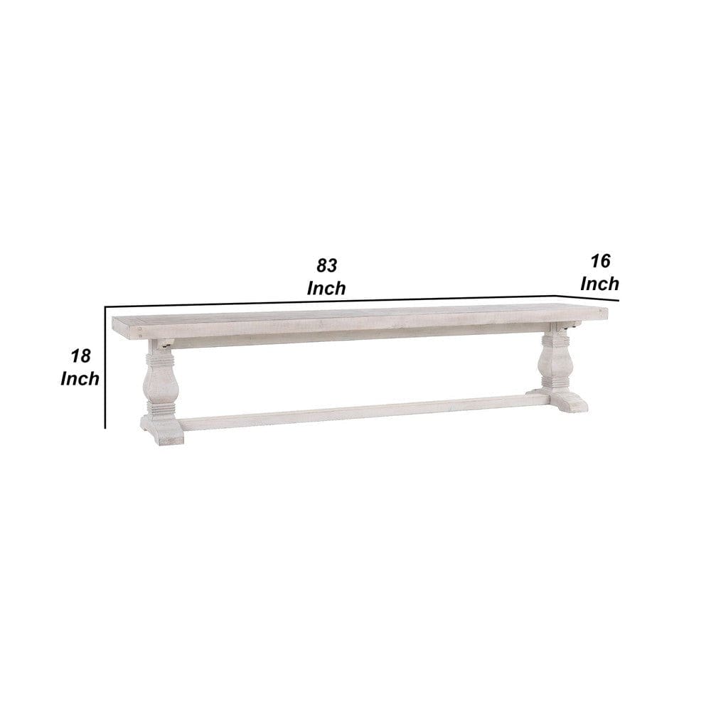 Kai 83 Inch Reclaimed Pine Dining Bench Turned Pedestals Antique White By Casagear Home BM275648