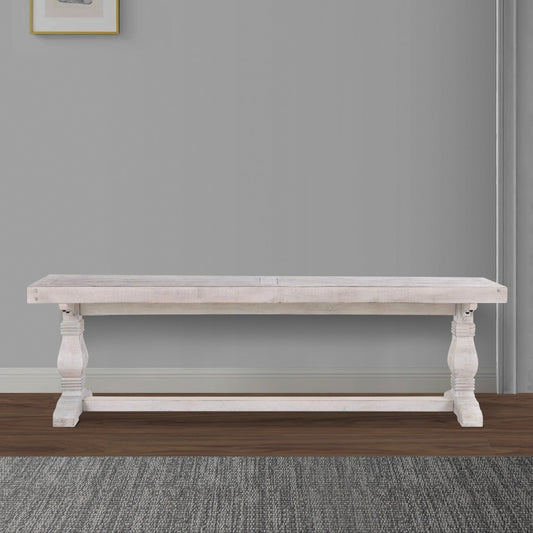Kai 83 Inch Reclaimed Pine Dining Bench, Turned Pedestals, Antique White By Casagear Home