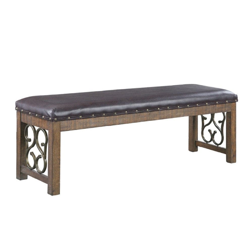 Ral Bench | 56" | Padded | Metal Scroll | Nailhead Trim | Brown