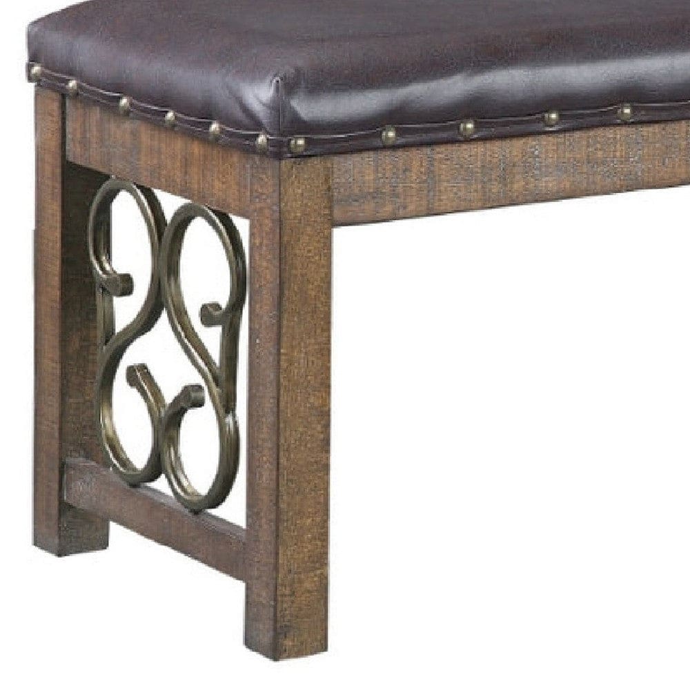 Ral 56 Inch Solid Wood Padded Bench Metal Scroll Design Nailhead Brown By Casagear Home BM275678
