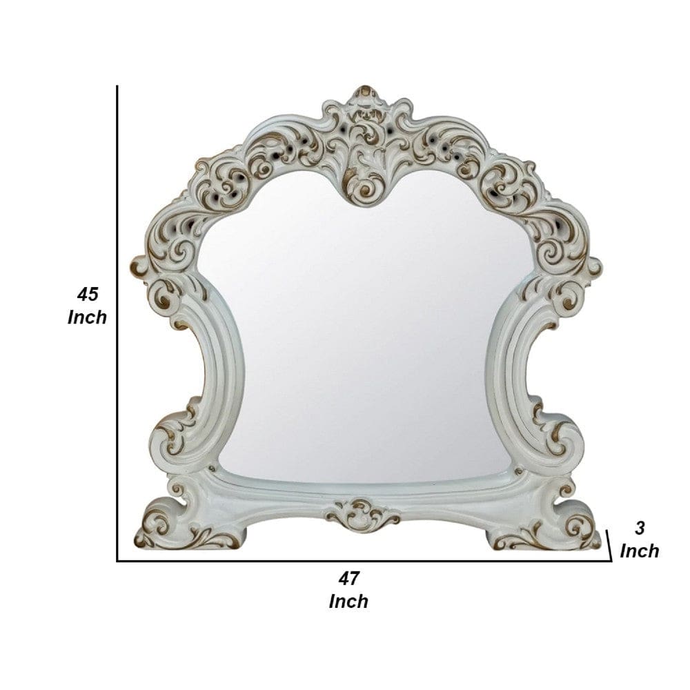 Jess 47 Inch Classic Mirror Beveled Scrolled Carved Trim Wood White By Casagear Home BM275699