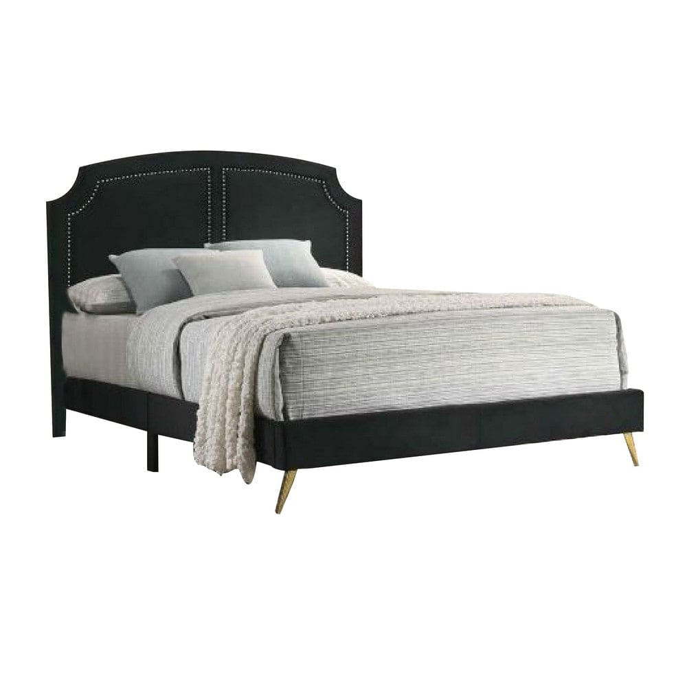 Lily Platform King Upholstered Bed, Padded Headboard, Black, Gold By Casagear Home