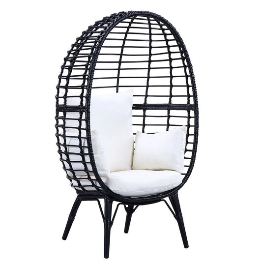 Loe 32 Inch Patio Lounge Chair, Oval Shape, Resin Rattan Wicker, Black By Casagear Home