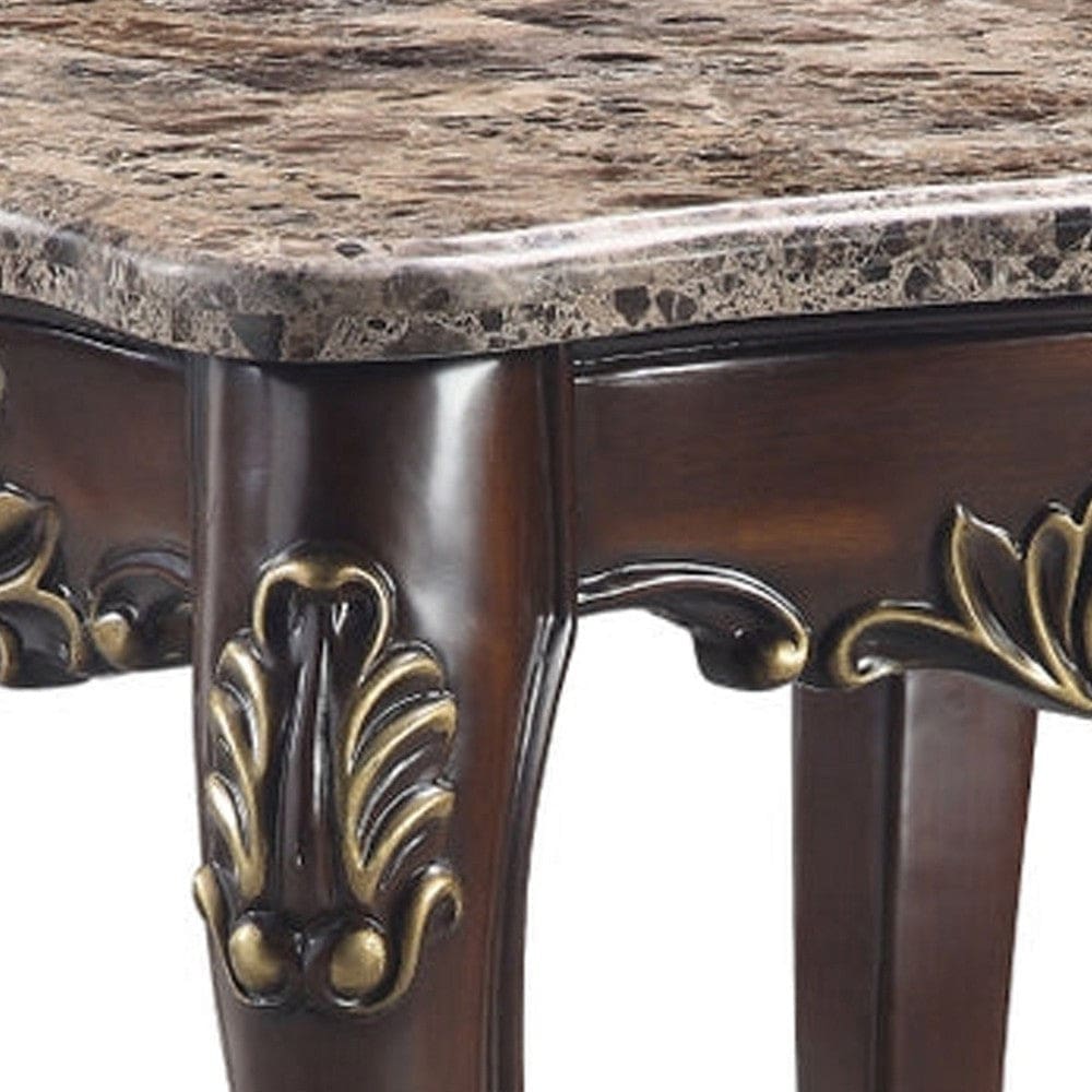 Kha 27 Inch Marble Top End Table with Cabriole Legs Gold Cherry Brown By Casagear Home BM276238
