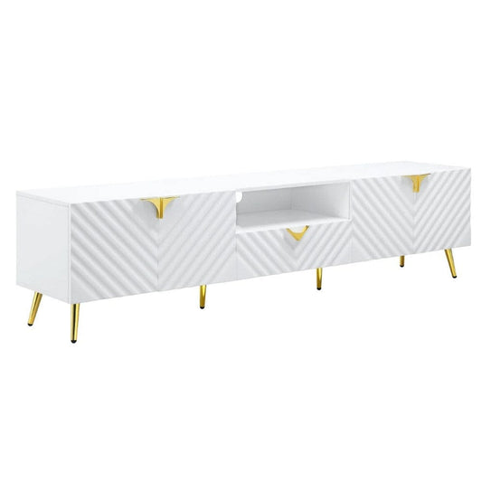 Tyra 79 Inch Modern TV Media Entertainment Center, 2 Doors, White, Gold By Casagear Home