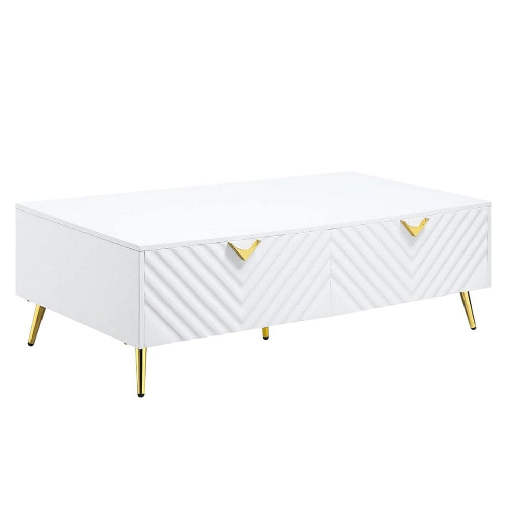 Tyra 53 Inch Modern Coffee Table, 2 Drawers, Metal Handles, White, Gold By Casagear Home