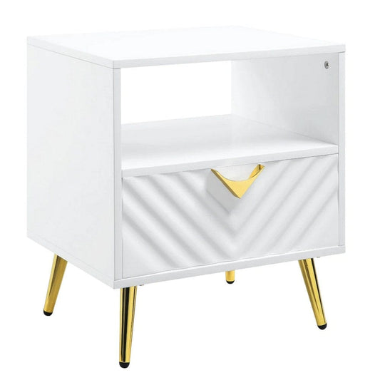 Tyra 22 Inch Wood End Table with Open Space, Wave Pattern, White, Gold By Casagear Home