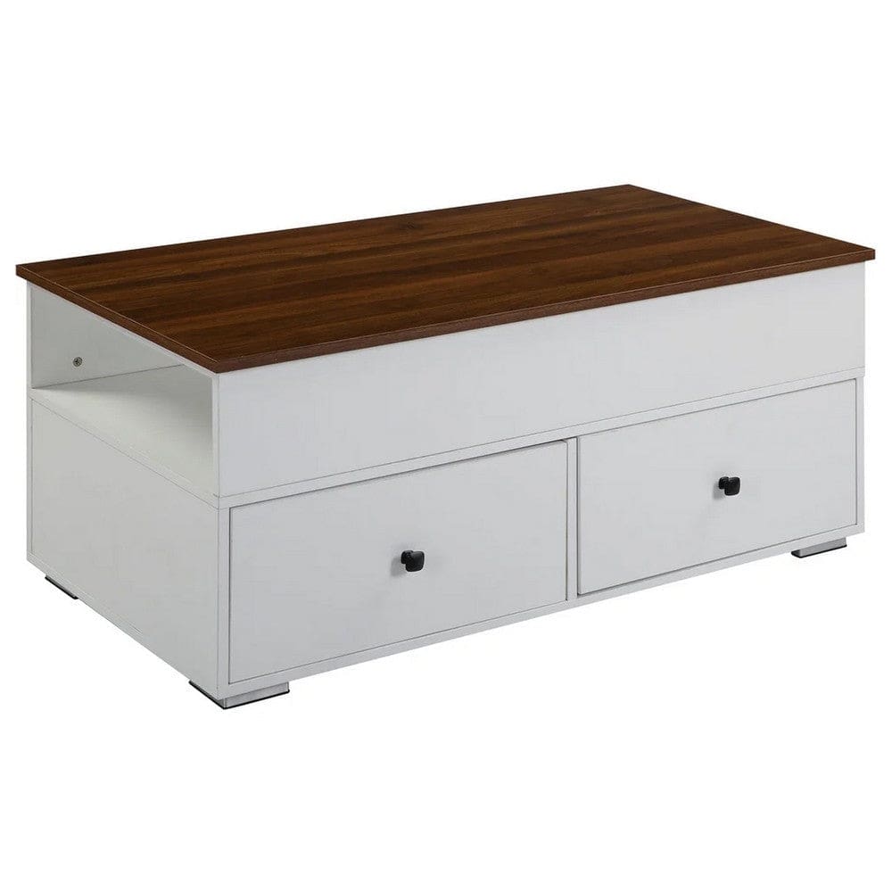46 Inch Wood Coffee Table, Lift Top, 2 Drawers, Storage, Walnut, White By Casagear Home
