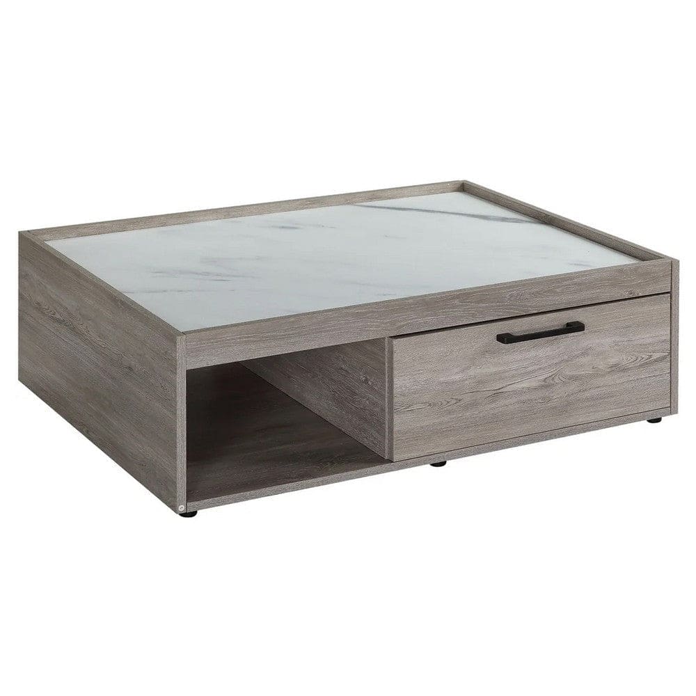 Lyla 39 Inch Wood Coffee Table, Faux Marble Top, 1 Drawer, Gray By Casagear Home