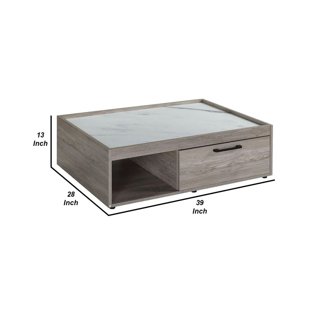 Lyla 39 Inch Wood Coffee Table Faux Marble Top 1 Drawer Gray By Casagear Home BM276272