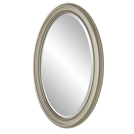 31 Inch Wall Mirror, Beaded Oval Shape, Metallic Silver By Casagear Home