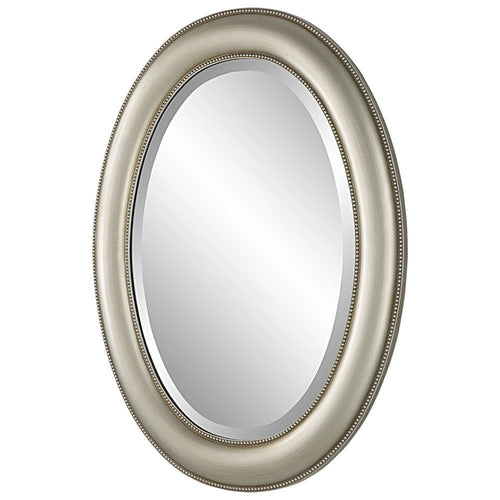 Wall Mirror | 29" | Beaded Oval Frame | Metallic Silver