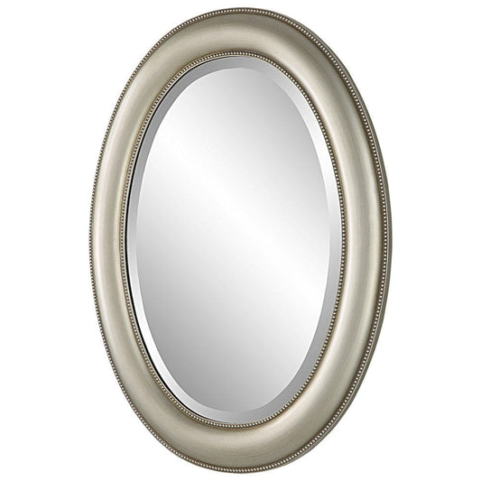 Wall Mirror | 29" | Beaded Oval Frame | Metallic Silver