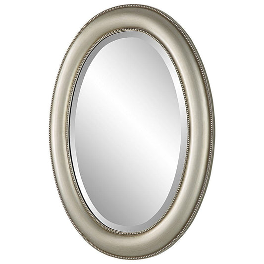29 Inch Wood Wall Mirror, Beaded Oval Shape, Metallic Silver By Casagear Home
