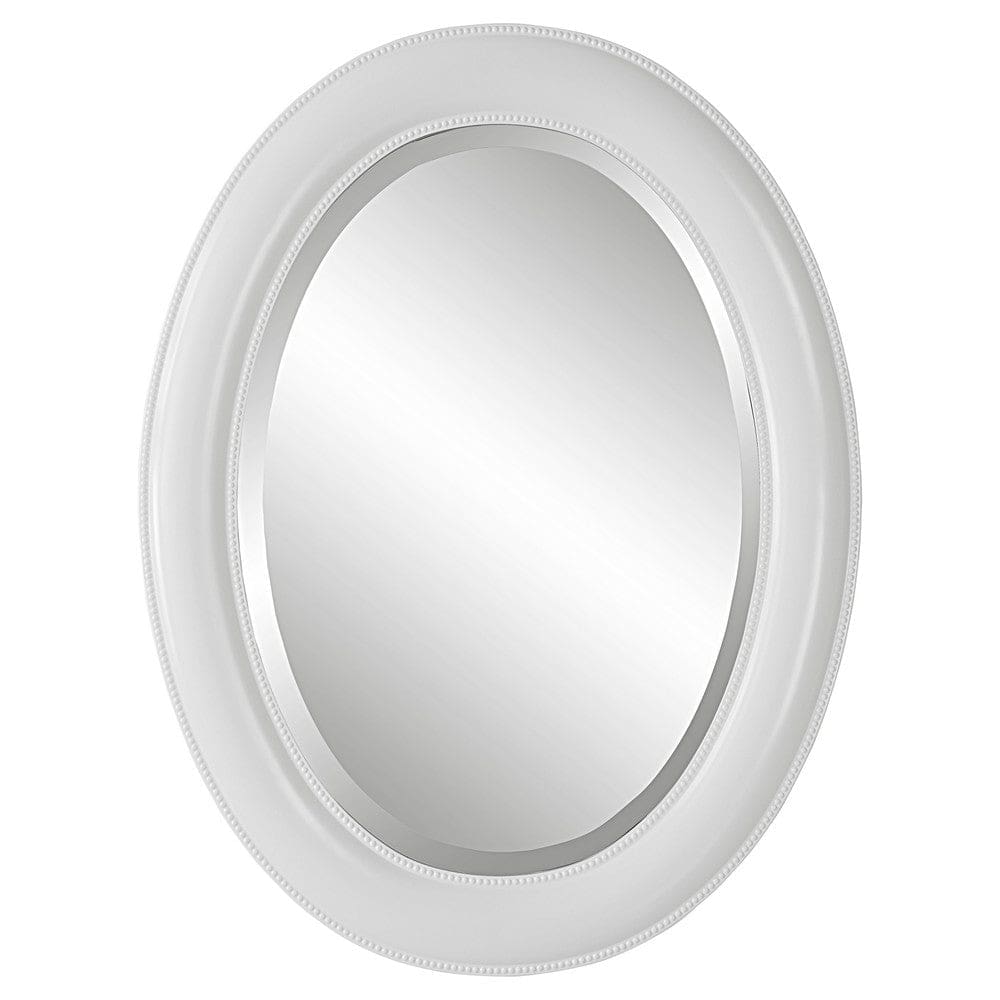 29 Inch Wood Wall Mirror, Beaded Oval Shape, White By Casagear Home