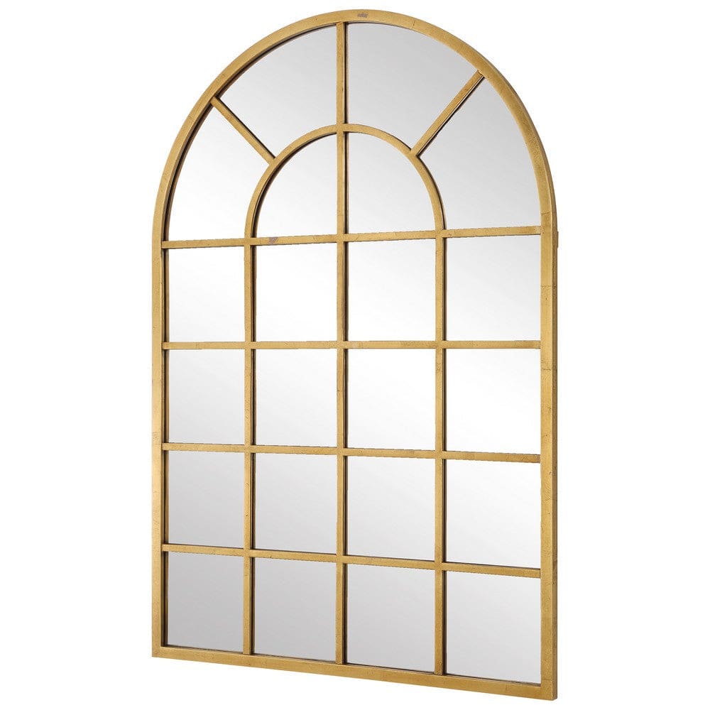 44 Inch Wood Wall Mirror Arched Windowpane Shape Antique Gold By Casagear Home BM276691